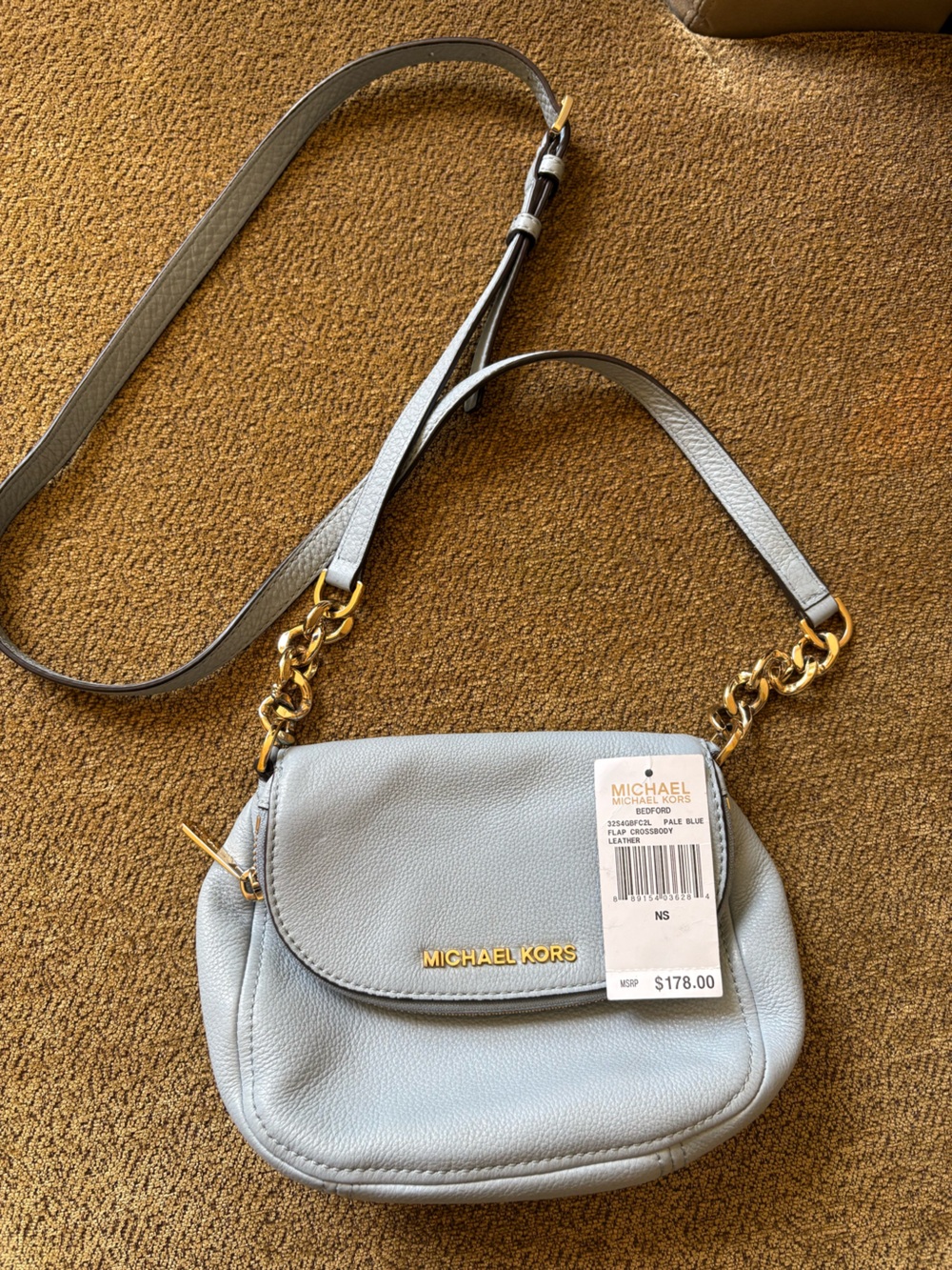 Michael Kors Light Blue Leather Chain-Strap Crossbody Bag